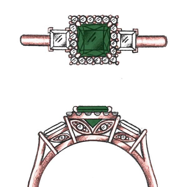 Sketch for a three-stone ring with princess cut green tourmaline and diamonds in a halo setting.