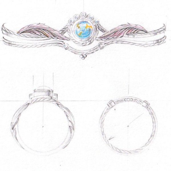 Our artist's sketch for a turquoise engagement ring in multiple metals, with feather and braided rope details in the band.