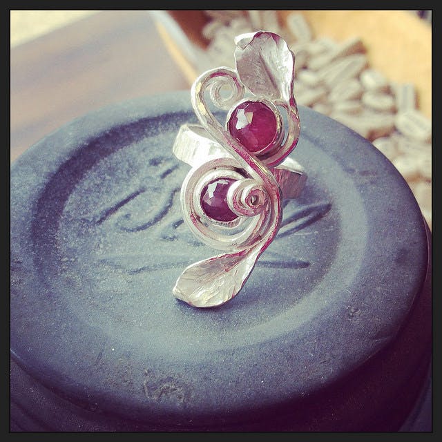leafy ring - sterling silver and rubies