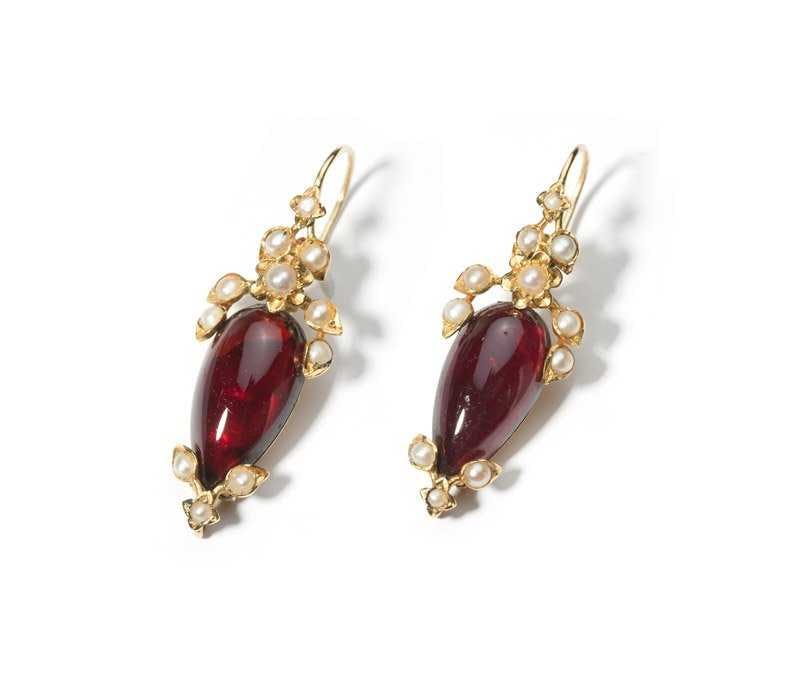 Victorian earrings - gold, pearls, and carbuncles - garnet symbolism and legends