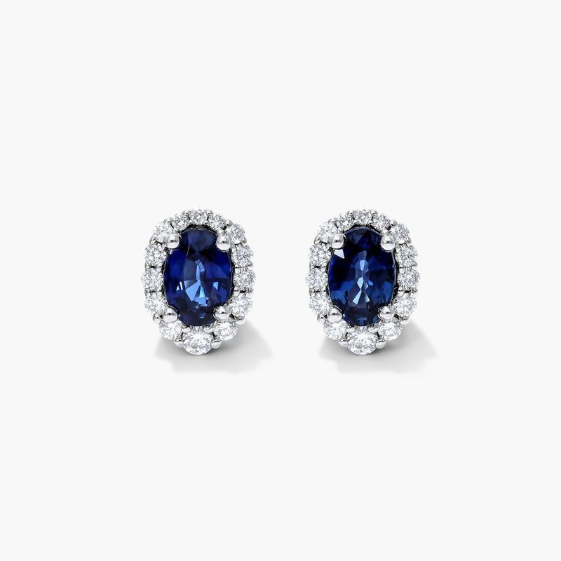 14K White Gold Blue Sapphire and Diamond Halo Earrings