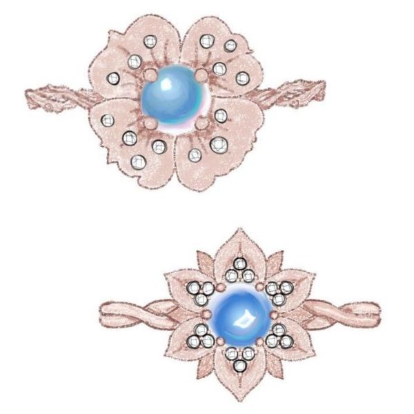 Sketches for a bold floral ring with diamond-studded petals in rose gold around a moonstone center.