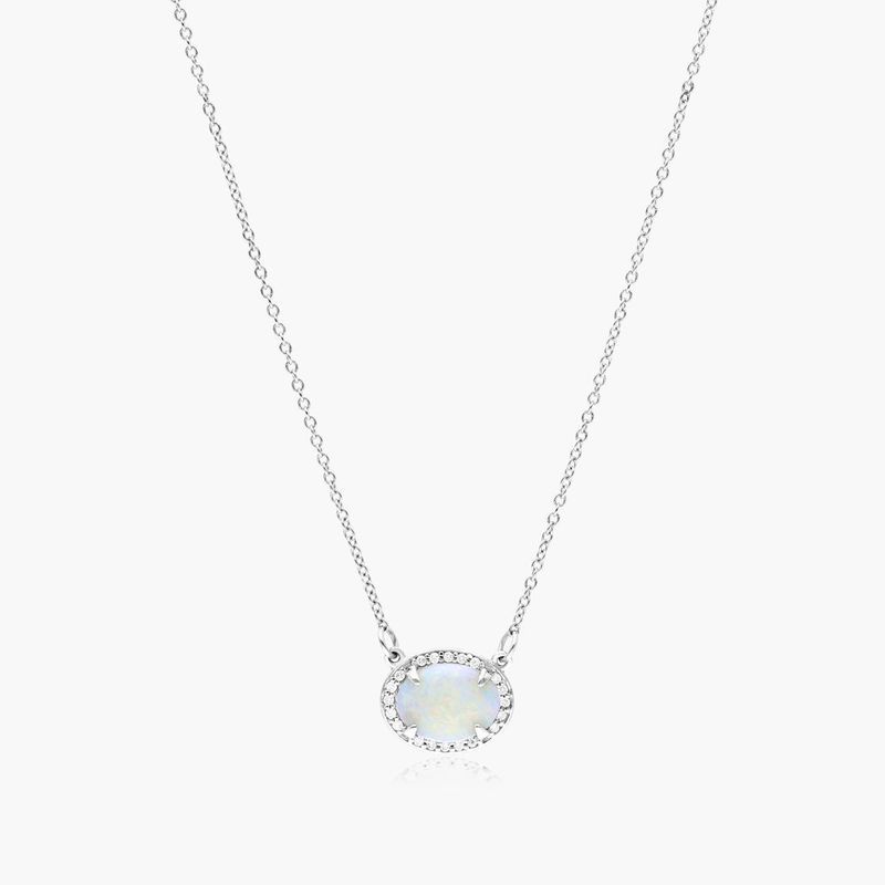 14K White Gold East West Oval White Opal and Diamond Halo Necklace