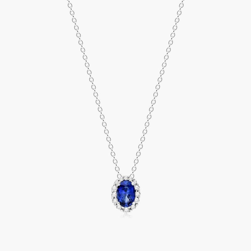 14K White Gold Blue Sapphire and Diamond Halo Necklace