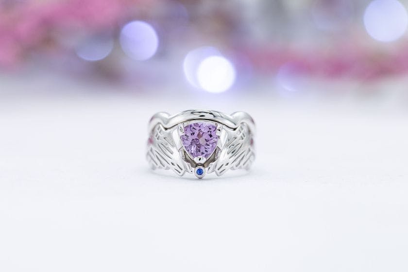 spinel engagement ring - trillion-cut lilac spinel