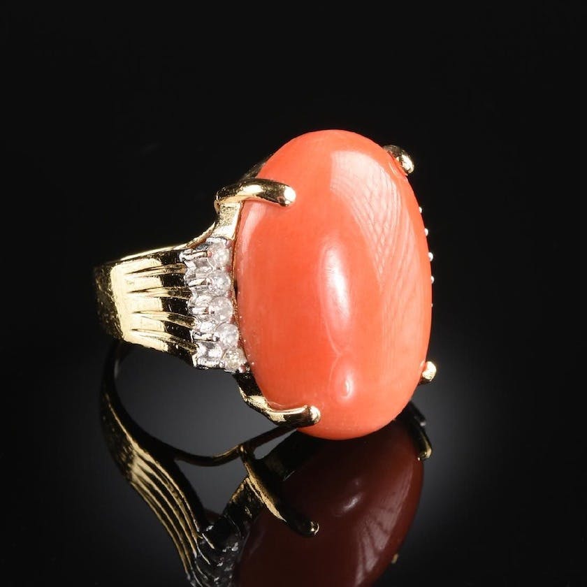 coral and diamond gold ring