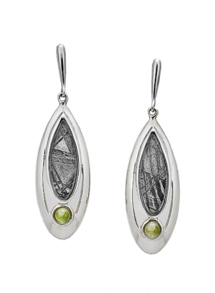 earrings with moldavites and meteorite material