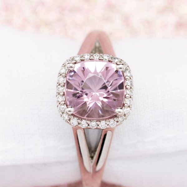 For this customer's ring, we custom cut a violet-tinged morganite to capture the desired color.