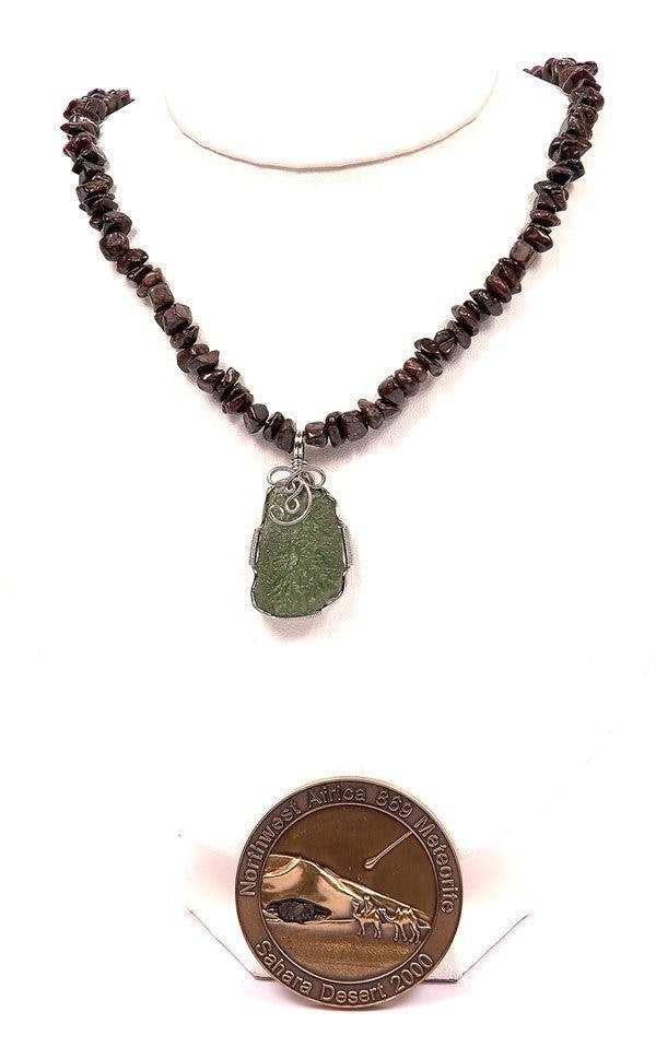 moldavite and meteorite pendant with medal