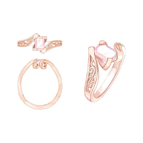 Design sketch for this curvy morganite engagement ring.