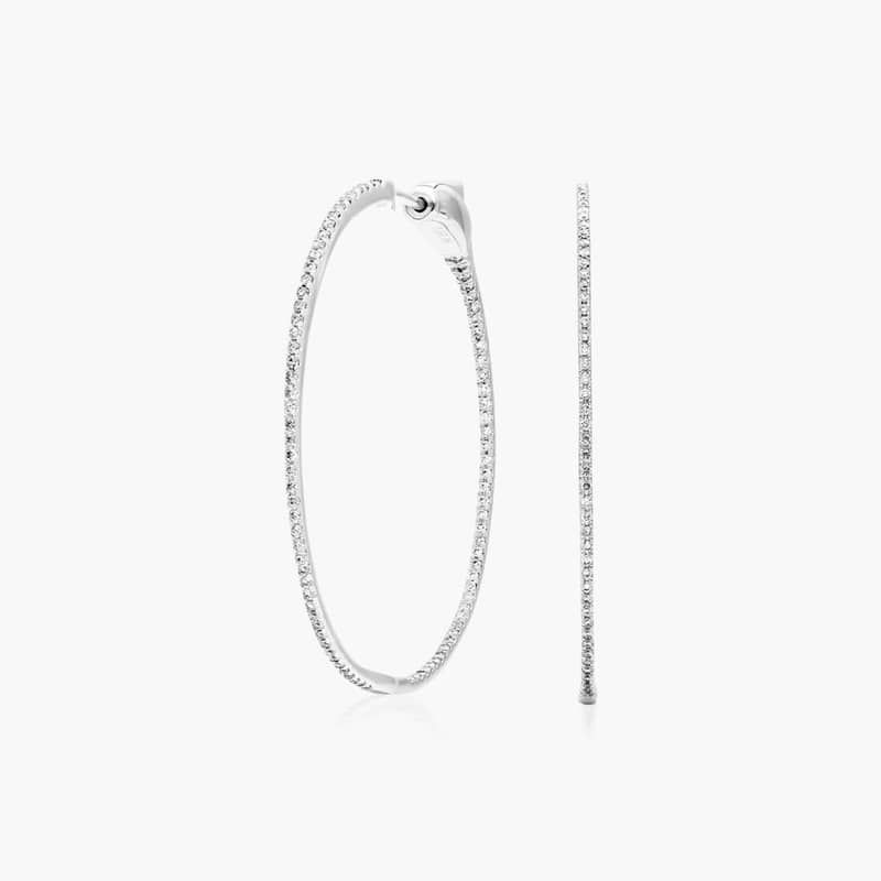 14K White Gold Inside Out Round Hoops, 1.50 Inch Diameter (0.50 ctw.)