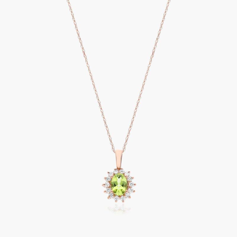 14K Rose Gold Oval Halo Peridot and Diamond Necklace (7.0x5.0mm)