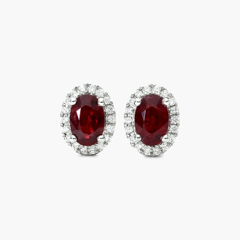18K White Gold Oval Halo Ruby and Diamond Earrings (6.0x4.0mm)