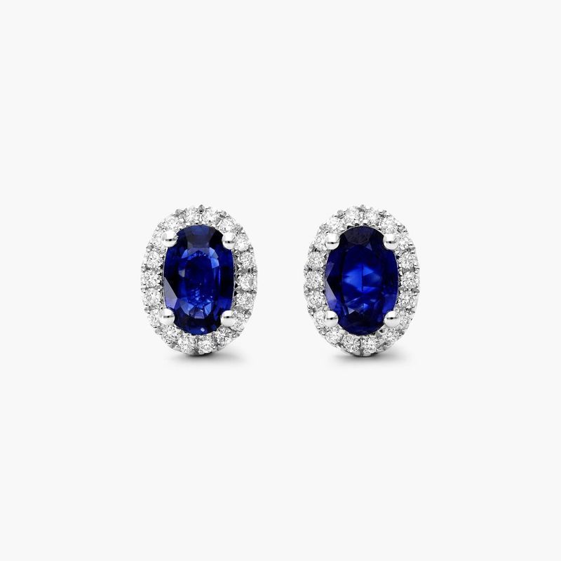 18K White Gold Oval Halo Sapphire and Diamond Earrings (6.0x4.0mm)