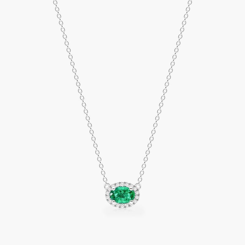 18K White Gold East West Set Oval Halo Emerald and Diamond Necklace (6.0x4.0mm)