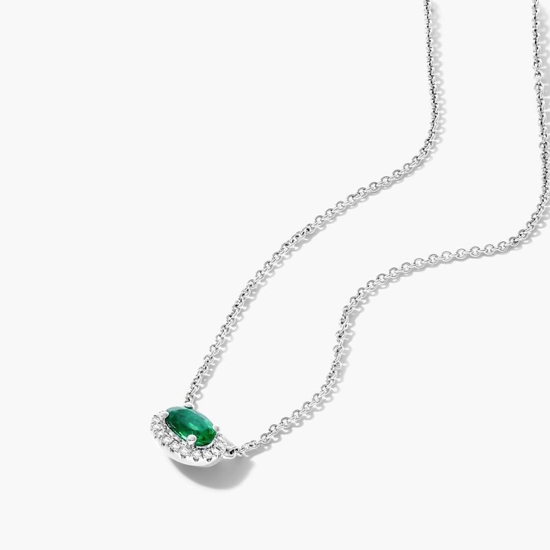 18K White Gold East West Set Oval Halo Emerald and Diamond Necklace (6.0x4.0mm)