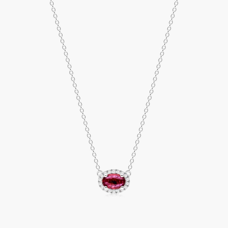 18K White Gold East West Set Oval Halo Ruby and Diamond Necklace (6.0x4.0mm)