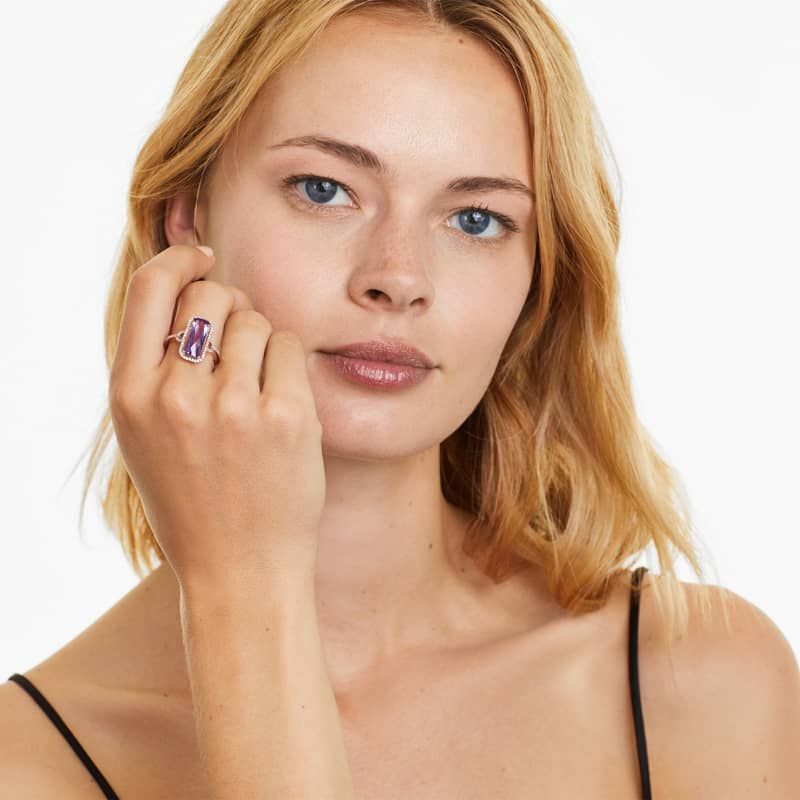 14K Rose Gold Emerald Cut Amethyst and Diamond Halo Cocktail Ring (15.0x6.0mm)