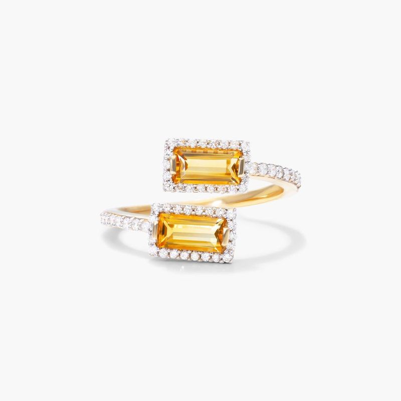 14K Yellow Gold Emerald Cut Citrine and Diamond Halo Bypass Ring (6.0x3.0mm)