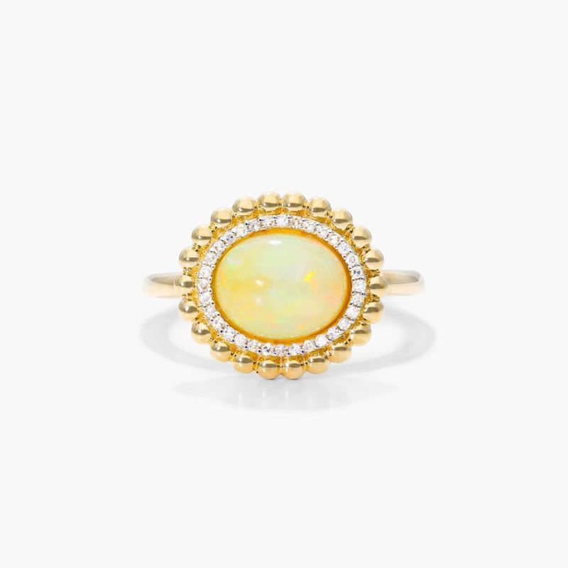 14K Yellow Gold Opal and Diamond Beaded Double Halo Ring (10.0x8.0mm)