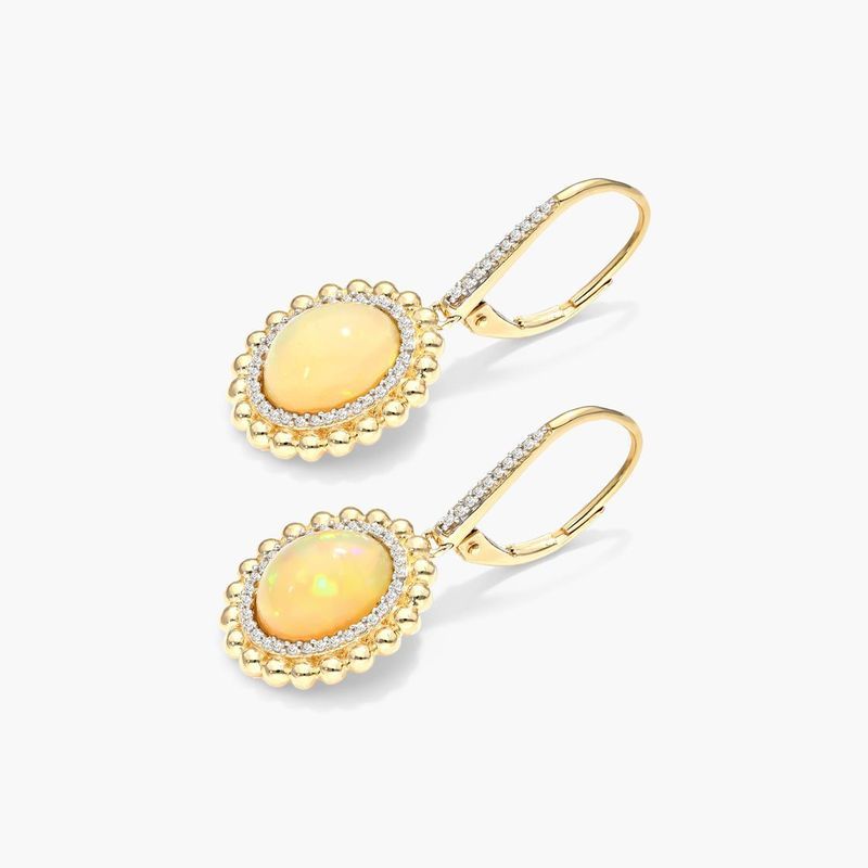 14K Yellow Gold Opal and Diamond Beaded Double Halo Leverback Earrings (10.0x8.0mm)
