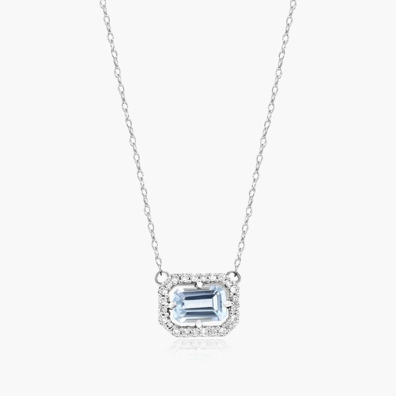 14K White Gold Aquamarine and Diamond Floating Halo Necklace (6.0x4.0mm)