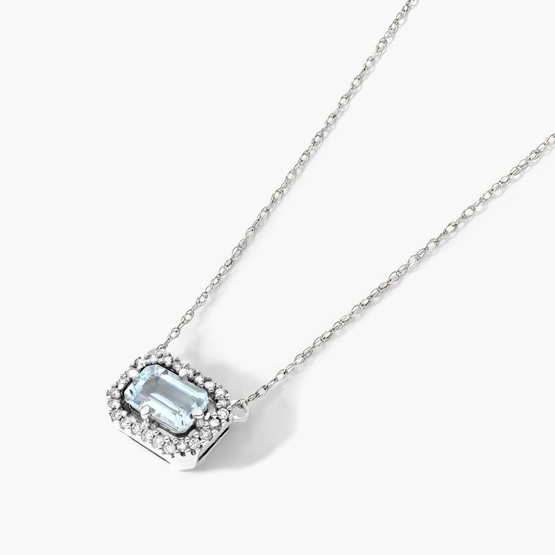14K White Gold Aquamarine and Diamond Floating Halo Necklace (6.0x4.0mm)