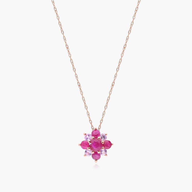14K Rose Gold Ruby and Pink Sapphire Flower Cluster Pendant