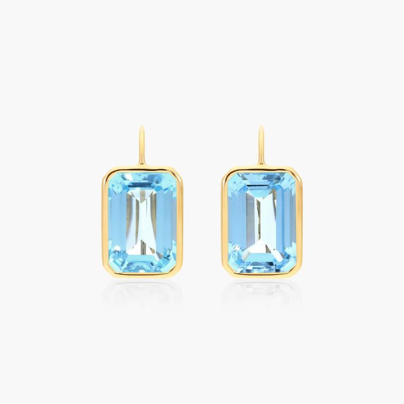 18K Yellow Gold Emerald Cut Blue Topaz Drop Earrings (15.0x10.0mm)