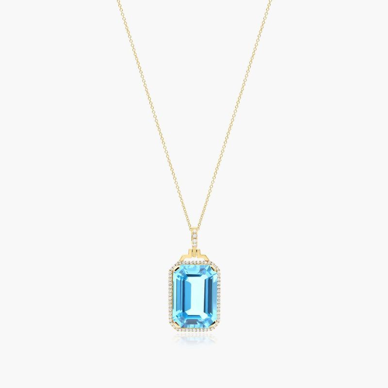18K Yellow Gold Emerald Cut Blue Topaz and Diamond Necklace (15.0x20.0mm)