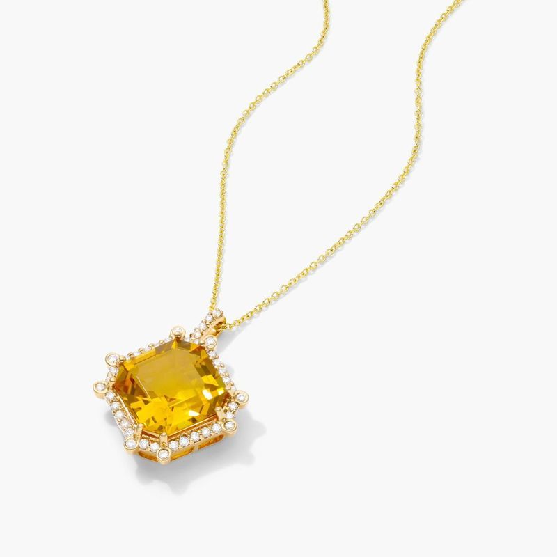 18K Yellow Gold Octagon Citrine and Diamond Necklace (12.0x12.0mm)