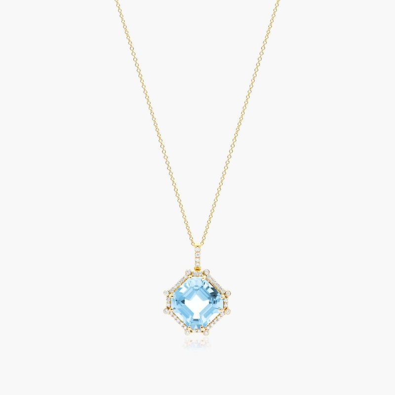 18K Yellow Gold Octogan Blue Topaz and Diamond Necklace (12.0x12.0mm)