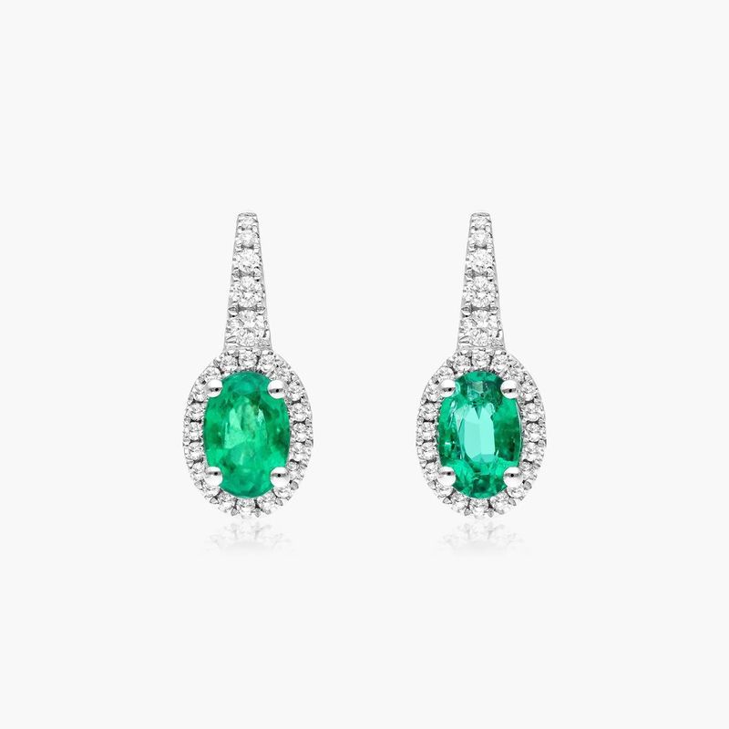 18K White Gold Petite Drop Oval Halo Emerald and Diamond Earrings (6.0x4.0mm)