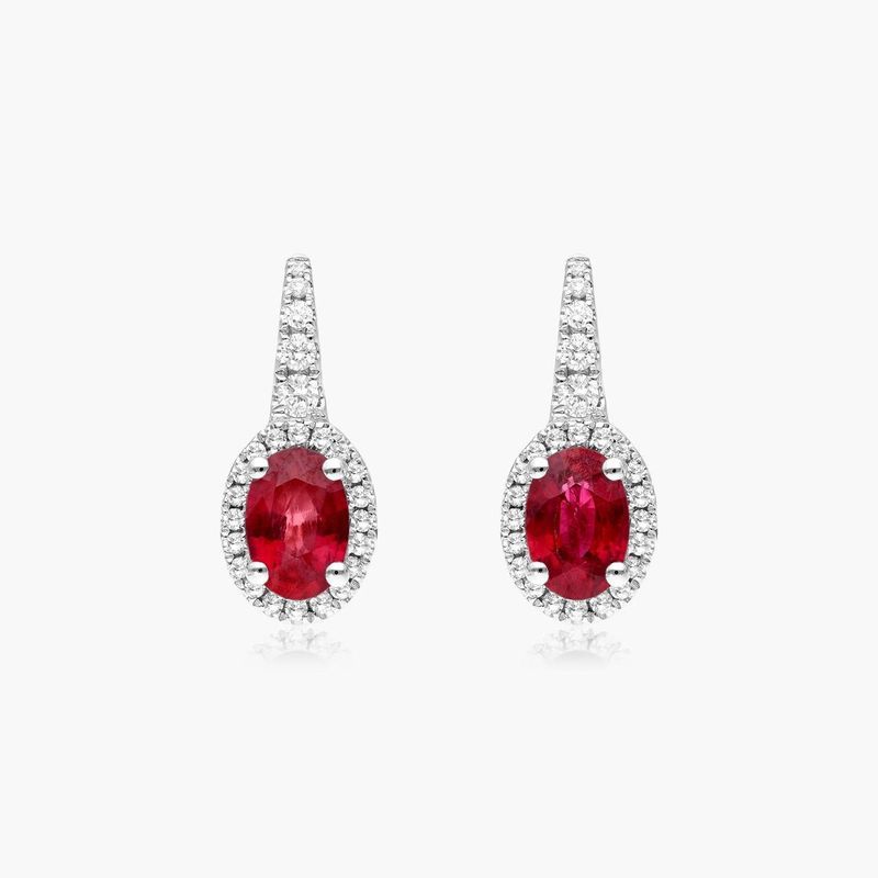 18K White Gold Petite Drop Oval Halo Ruby and Diamond Earrings (6.0x4.0mm)