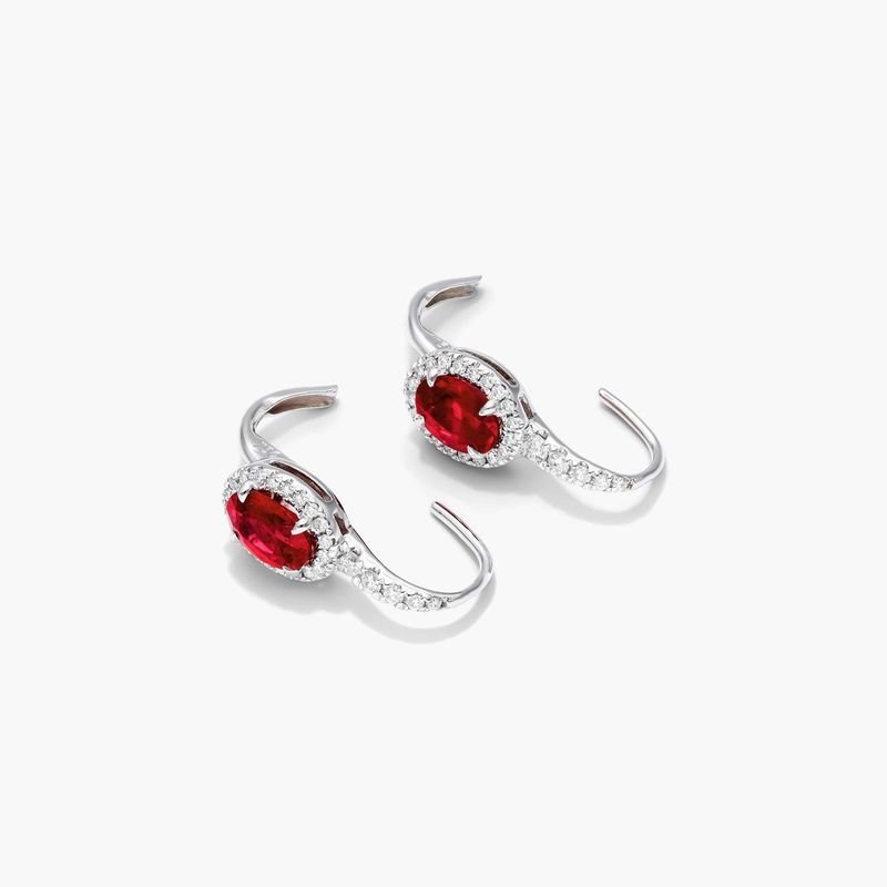 18K White Gold Petite Drop Oval Halo Ruby and Diamond Earrings (6.0x4.0mm)