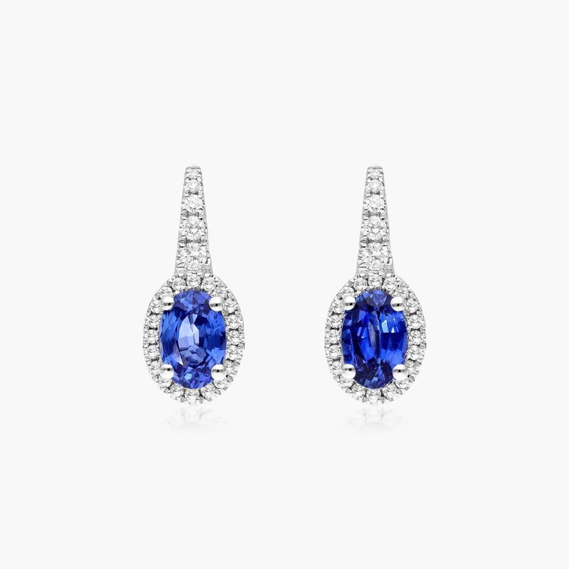 18K White Gold Petite Drop Oval Halo Sapphire and Diamond Earrings (6.0x4.0mm)