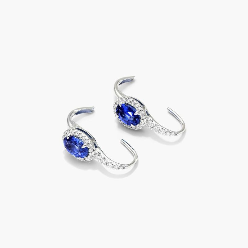 18K White Gold Petite Drop Oval Halo Sapphire and Diamond Earrings (6.0x4.0mm)