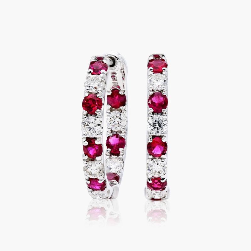 14K White Gold Inside Out Ruby and Diamond Round Hoops, 1/2 Inch Diameter.