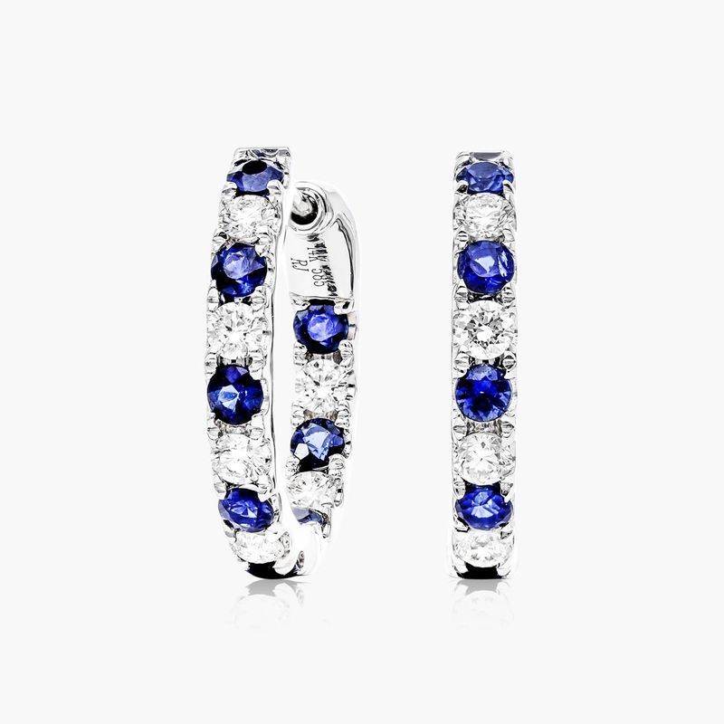 14K White Gold Inside Out Sapphire and Diamond Round Hoops, 1/2 Inch Diameter.