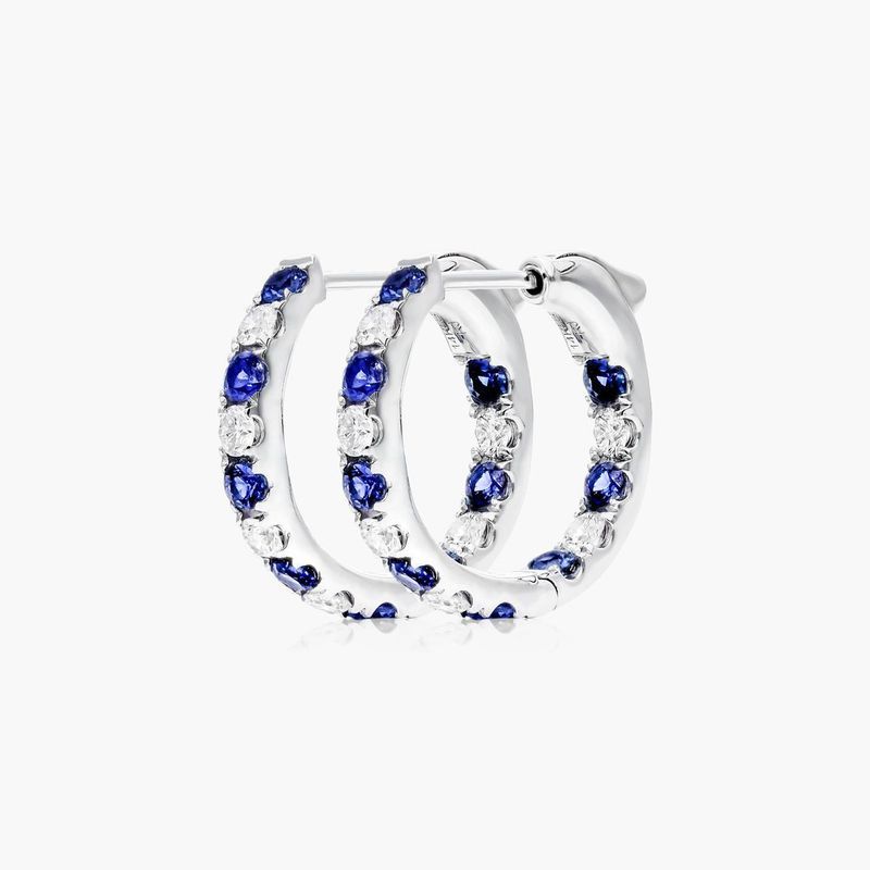 14K White Gold Inside Out Sapphire and Diamond Round Hoops, 1/2 Inch Diameter.