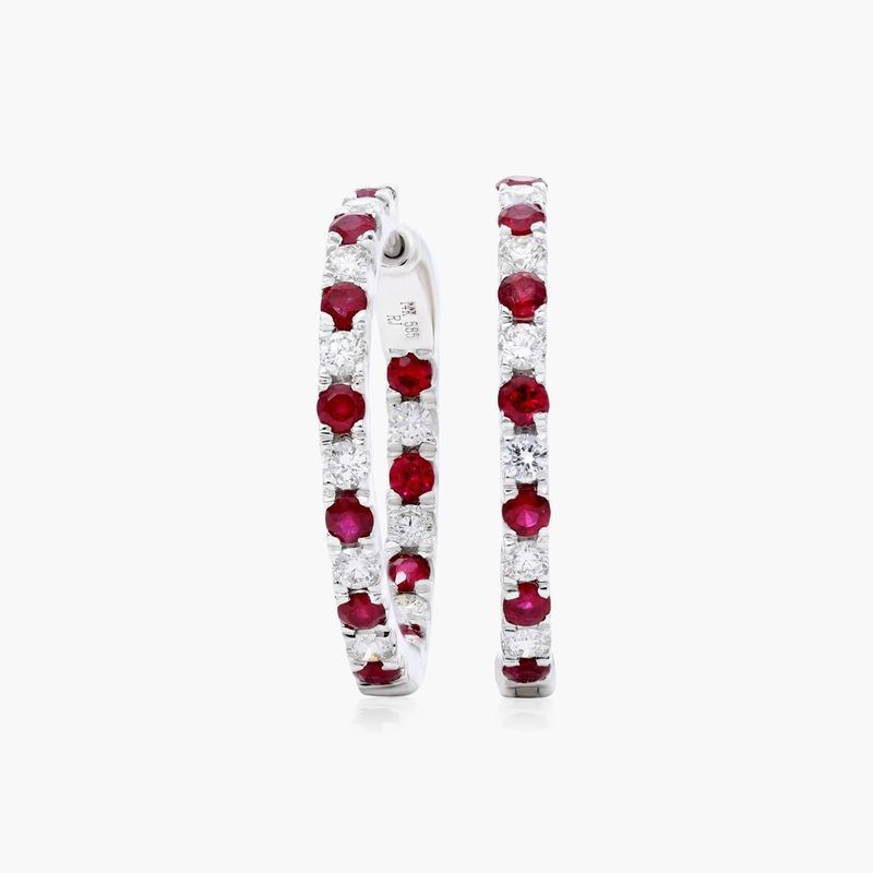 14K White Gold Inside Out Ruby and Diamond Round Hoops, 3/4 Inch Diameter.