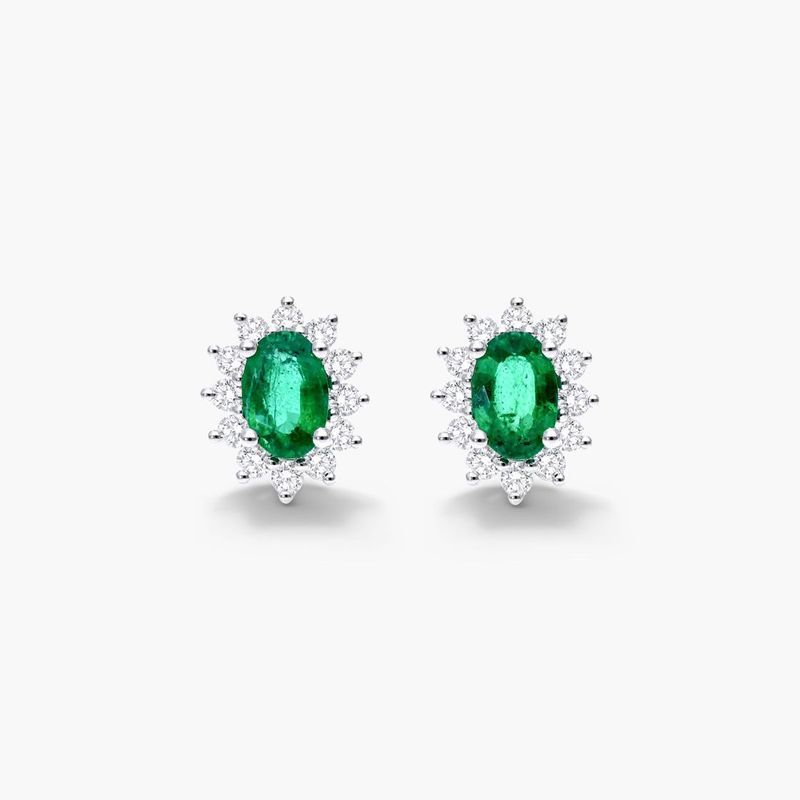18K White Gold Oval Halo Emerald and Diamond Earrings (6.0x4.0mm)