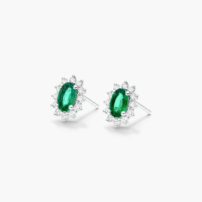 18K White Gold Oval Halo Emerald and Diamond Earrings (6.0x4.0mm)