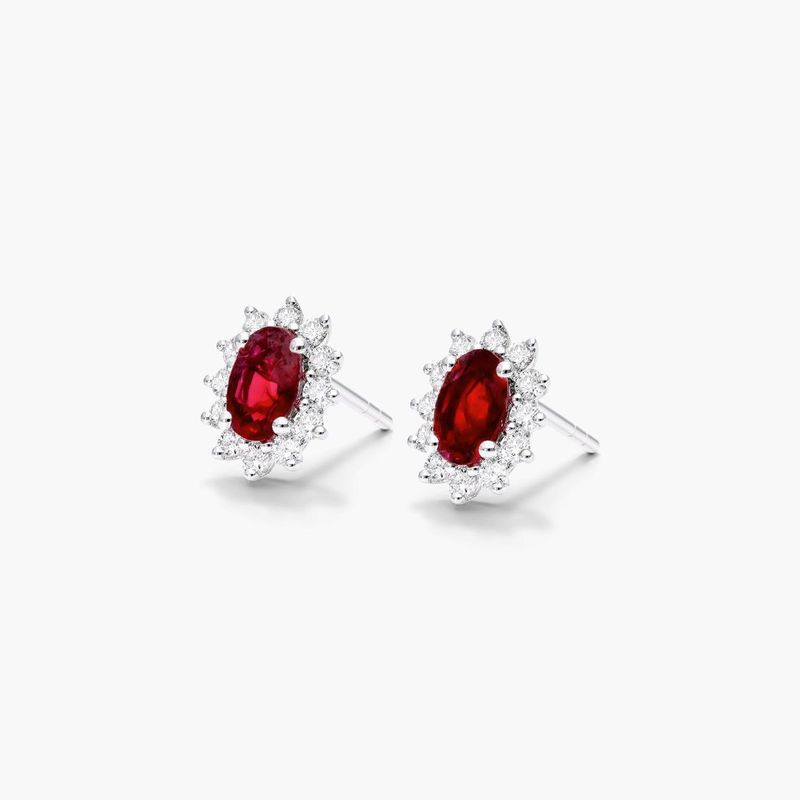 18K White Gold Oval Halo Ruby and Diamond Earrings (6.0x4.0mm)