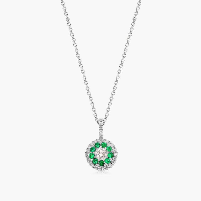 14K White Gold Double Halo Emerald and Diamond Necklace