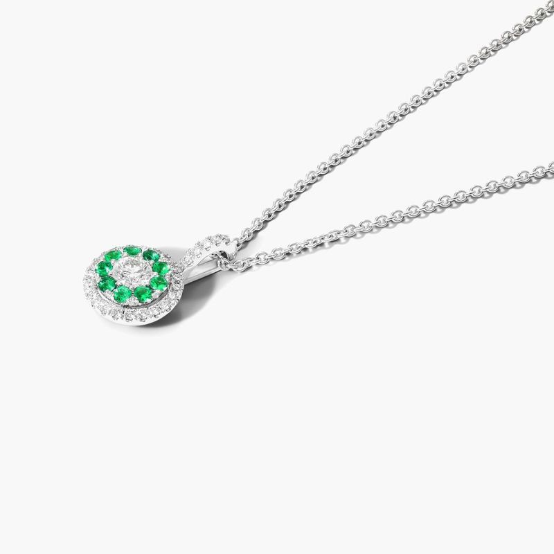14K White Gold Double Halo Emerald and Diamond Necklace