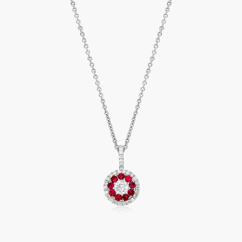 14K White Gold Double Halo Ruby and Diamond Necklace