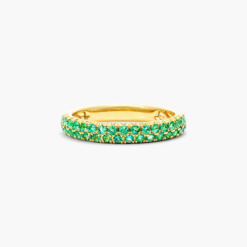 14K Yellow Gold Double Row Pavé Emerald Ring