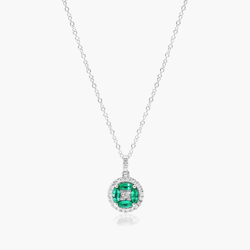 14K White Gold Marquise Emerald and Diamond Pendant