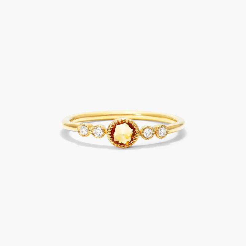 14K Yellow Gold Dainty Citrine Bezel Diamond Ring by Brevani